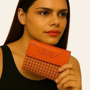 RU Chic Orange Leather Tri-Fold Snap Wallet – Women's Fashion Accessory 5"x3.5"